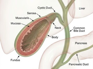 Detailed medical 3D illustration showing human gallbladder anatomy with internal layers, connected to the liver, pancreas, and bile duct system for scientific study.