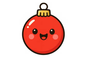 Kawaii christmas bauble illustration with a happy smiling face for festive holiday decorations or children's designs, transparent background