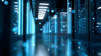 Futuristic Blue Neon Data Center Server Room with Glowing Lights.