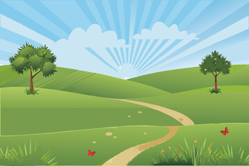 Obraz premium A serene landscape depiction showcasing a winding path green hills and a