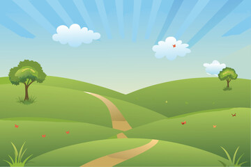 Obraz premium a vibrant green landscape with winding path fluffy clouds and a bright