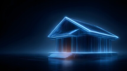 Futuristic Neon Blue Bank Building Outline Glowing in Darkness.