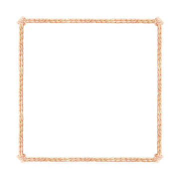 A square frame made of sea rope with knots, hand-drawn on a white background. Watercolor illustration with a place for text or inscription. Art element for invitation templates, stickers, cards