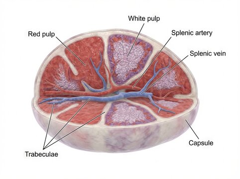 Detailed Human Spleen Anatomy Medical Illustration showing internal organ cross-section, essential for biology and health education, rendered vividly for science and physiology studies.