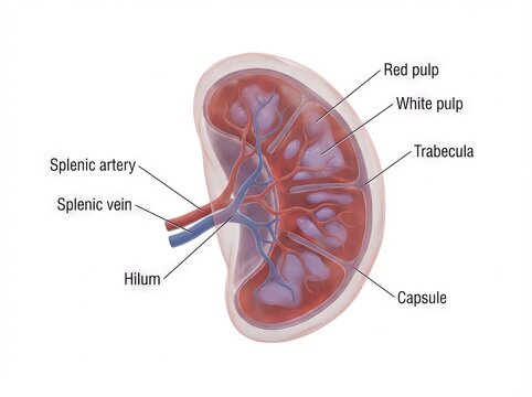 Detailed Human Spleen Anatomy Medical Illustration: Internal Organ Cross-section Diagram, showing key structures like red pulp and splenic artery for educational content.