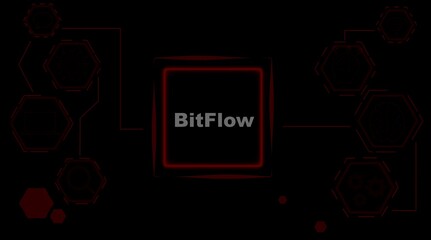 Bit Flow logo with red hexagonal network elements on black background BitFlow logo red hexagons