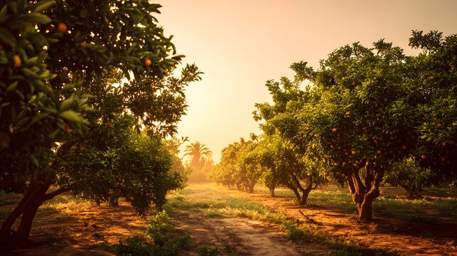 Golden Hour Sunlight Illuminates Lush Orange Grove Pathway. - Powered by Adobe