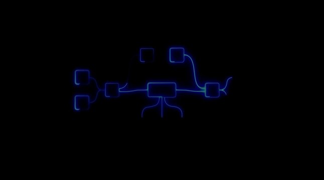 Blue Neon Network Diagram with Connected Rectangles and Lines on Black Background flowchart connection