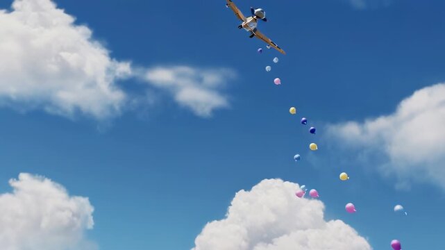 Cartoon pilot flies yellow plane with propeller through blue sky with clouds