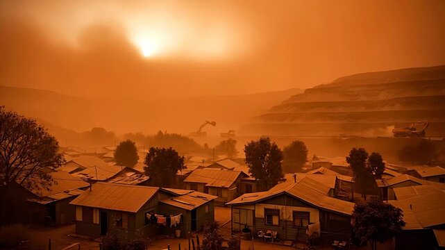 Dusty Orange Haze Over Remote Mining Town with Excavators Operating During a Harsh Sunset Scene