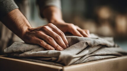 Obraz premium Hands Folding Fabric on a Wooden Surface Close Up.