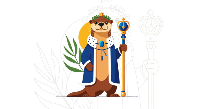Otter King Illustration with Crown, Robe, and Scepter, Regal Animal Character.