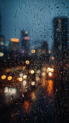 City lights viewed through rain covered window at night blurred background