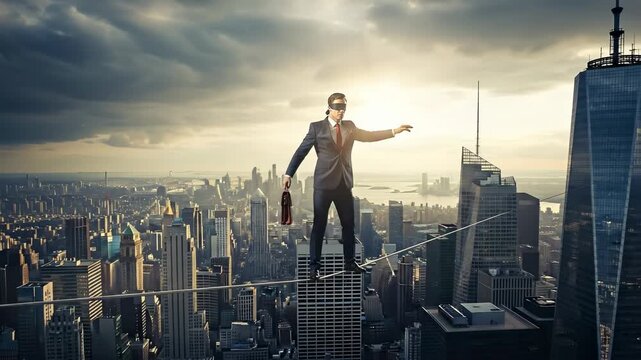 Blindfolded Businessman Walks Tightrope High Above Sprawling Cityscape at Sunset Dramatic Clouds and Dramatic Lighting Create Intense Atmosphere
