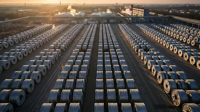 Vast Industrial Storage Yard Filled With Rows of Large Metal Coils Under a Golden Sunset Sky with Smoke Plumes Rising from Factory Buildings in the Background Overlooking a Cityscape