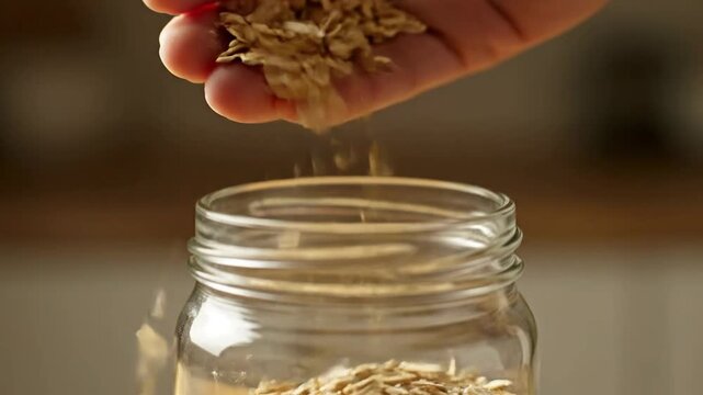 One person puts food into an empty glass jar for food preservation, storage.