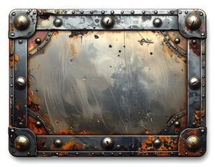 Metallic rectangular panel with rivets and rust, a steampunk aesthetic