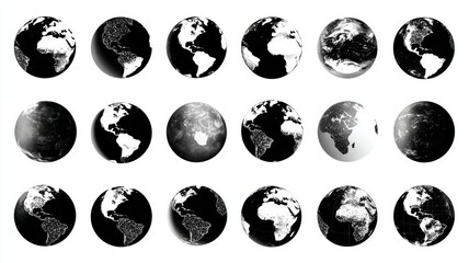 High-resolution silhouette icon set of globe and website symbols isolated on white background for digital, web, and technology illustration