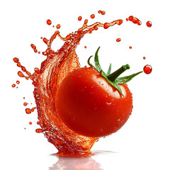 Front view of an organic wave-shaped tomato juice splash isolated on a white transparent background