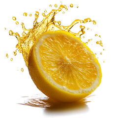 Front view of an organic wave-shaped lemon juice splash isolated on a white transparent background