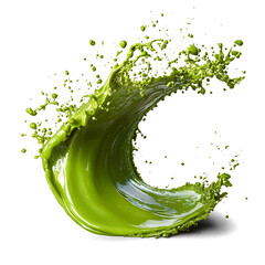Front view of an organic wave-shaped matcha splash isolated on a white transparent background