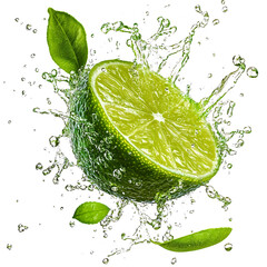 Front view of an organic wave-shaped lime juice splash isolated on a white transparent background