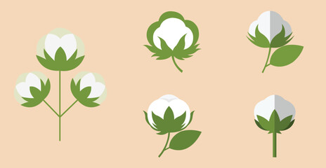 Cotton Plant Icons Set &ndash; Flat Vector Cotton Boll and Flower Illustrations