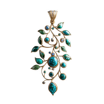 Front view close-up of only a enchanted vine pendant with malachite and turquoise detailing floating in the air. Detailed, studio shot, isolated on a white transparent background