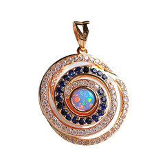 Obraz premium Front view close-up of only a spiral galaxy pendant with opal and sapphire floating in the air. Detailed, studio shot, isolated on a white transparent background