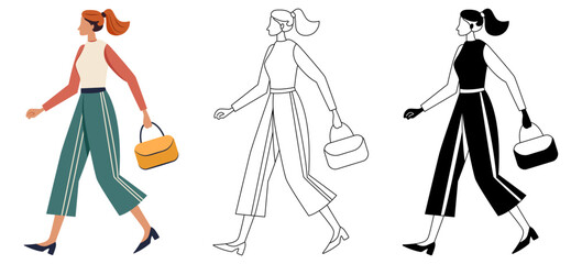 Casual young woman walking with a shopping bag isolated vector illustration