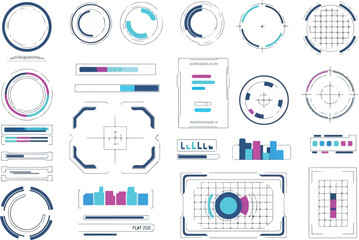 Digital Interface Elements: a collection of abstract graphic and data visualization, the image showcases a variety of shapes and styles designed for digital interfaces and data visualization.