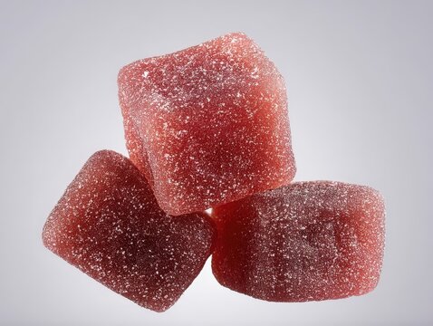Tres gomitas rojas brillantes apiladas sobre un fondo blanco.