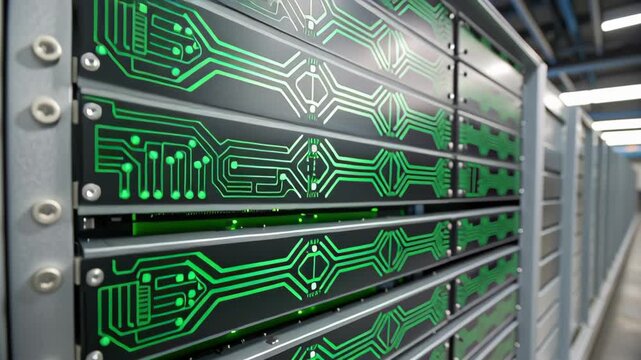 Layered green bar chart for eco-investment concept. High-tech server components with green circuit patterns and a modern design.