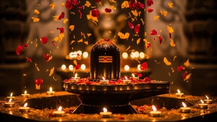 Shiva lingam decorated with flowers and candles during maha shivaratri festival.