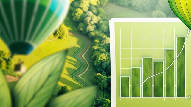 Layered green bar chart for eco-investment concept. The chart displays growth trends against a lush, green landscape background.