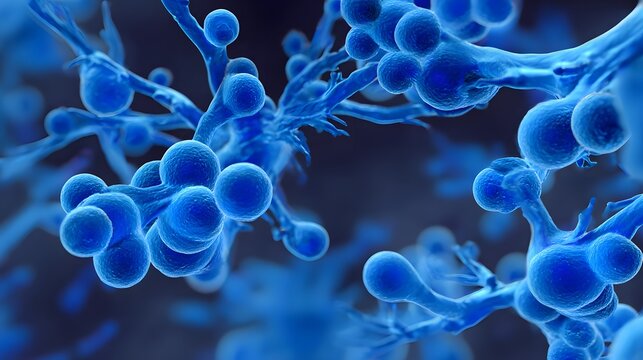 Microscopic View of Blue Fungal Hyphae and Spores.