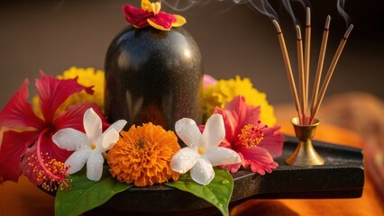 Shiva lingam adorned with flowers and incense sticks, symbolizing hindu devotion and worship.