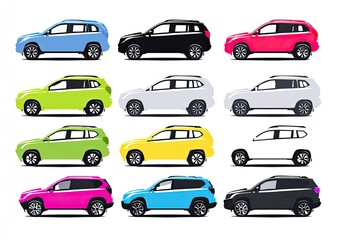 Assortment of colorful, stylized SUV car illustrations, various colors and styles