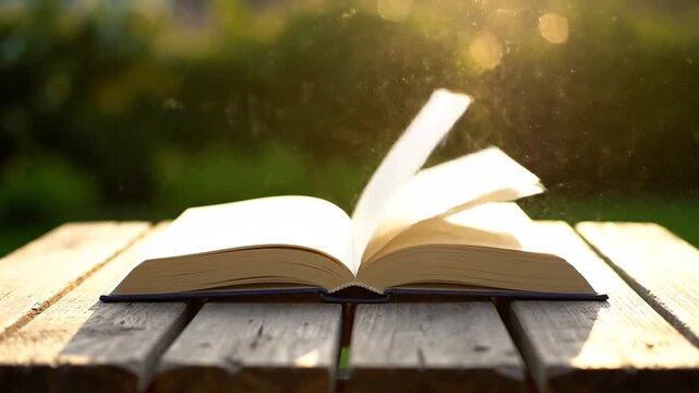 Open book on wooden table in nature with golden sunlight, reading in garden. Focus on the open book with sunlit background. Reading, study, relaxation concept.
