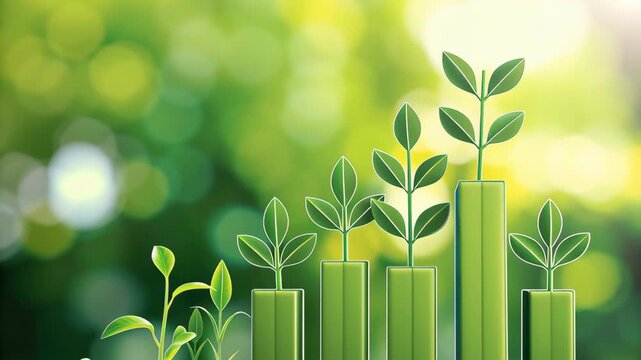 Layered green bar chart for eco-investment concept. Illustrates growth through plant sprouts on green bars.