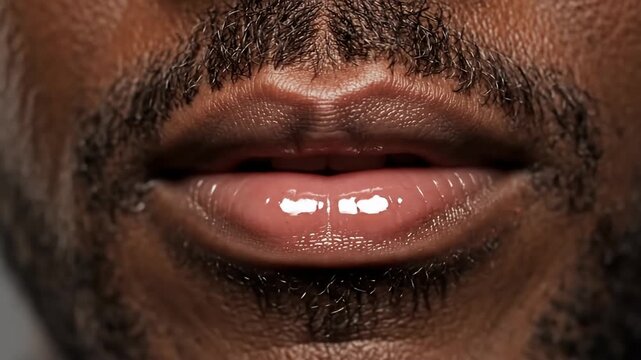Close-Up of Mans Lips with Gloss and Facial Hair.