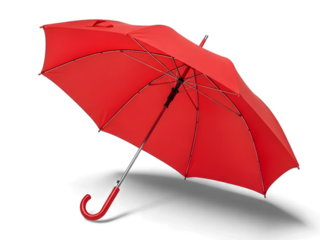 A vibrant red umbrella with a curved handle is displayed open against a stark black background symbolizing protection and style isolated on transparent background isolated on white background