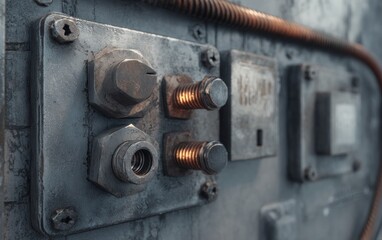 Close up of industrial metal panel with bolts and electrical components
