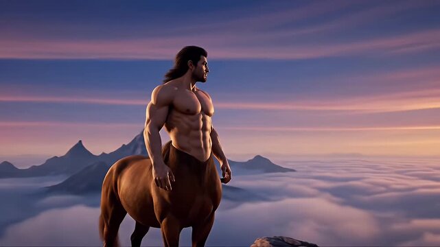 Majestic mythological centaur on a mountain top overlooking a colorful sunrise sky
