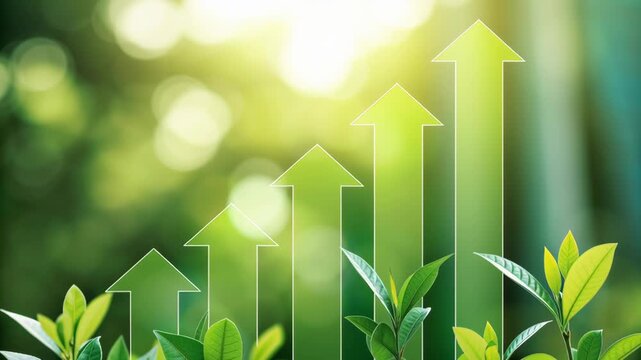 Layered green bar chart for eco-investment concept. Represents growth and sustainability with arrows and leaves in a natural setting.
