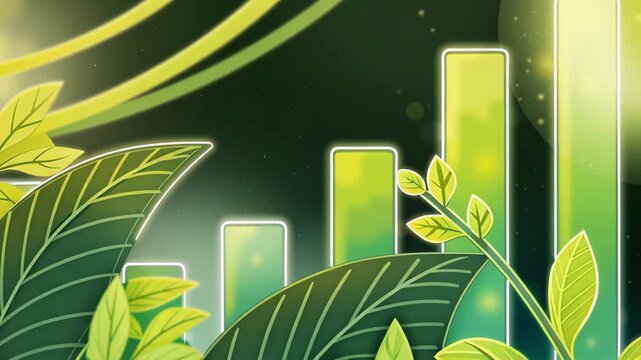 Layered green bar chart for eco-investment concept. Quarterly returns illustrated by icons of plants expressing renewable resources for sustainability.