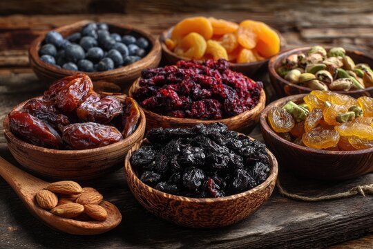 Assortment of dried fruits and nuts arranged in wooden bowls on rustic surface - Powered by Adobe