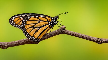 Fototapeta premium Monarch Butterfly Perched on a Twig with Blurred Green Background.