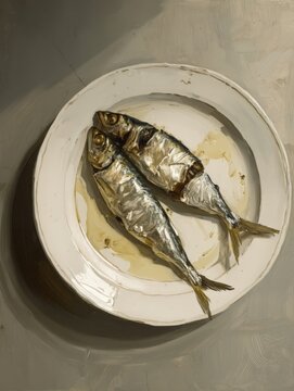 Una representaci&oacute;n art&iacute;stica de dos boquerones en un plato blanco.