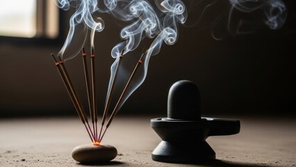 Burning incense sticks with smoke and a shiva lingam statue on a neutral surface.